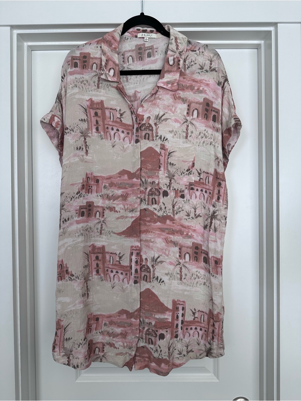 Z Supply Pink Desert Print Short-Sleeve Button-Up Tunic Dress